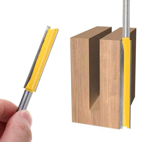 Two Piece Extra Long Straight Router Bit Set With One Quarter Inch Shank, Double Flute Grooving Bits For Trimming And Milling, installed in wood