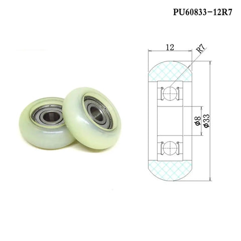 Built Tough Polyurethane Coated Rubber Bearing Roller Featuring Smooth As Silk Glide And Snug 8X33X12 Mm fit shown with inner and outer measurements.