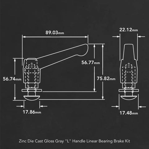 Technical diagram of Gray L Handle Linear Bearing Brake Kit with measurements, showcasing die-cast zinc construction and design.