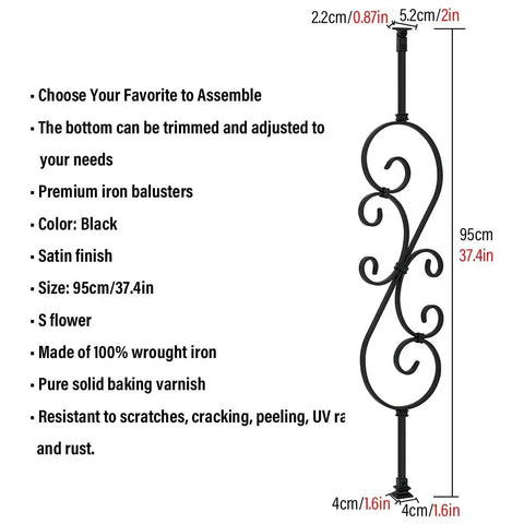 Top Shelf Black Wrought Iron Railing Posts And Balusters For Deck Backyard Porch And Balcony, 37 Inch Rock Solid Anti Rust Banister Spindles For Quick Diy Install, detailed view of black iron baluster with satin finish and dimensions.