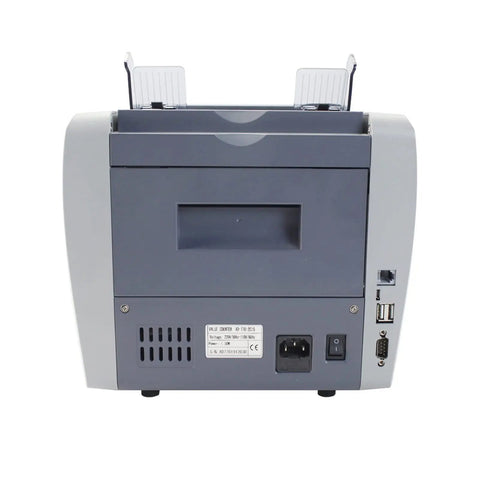Boss Level Heavy Duty Multicurrency Money Counter With Slick Lcd Panel rear view showing ports and adjustable feed slots.