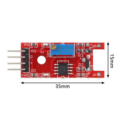 Linear Hall Effect Sensor Module With Analog Output For Magnetic Field Detection Ideal For Arduino Raspberry Pi And DIY Electronics Projects Real Time Magnetic Sensing For Precise Readouts, showing a red circuit board measuring 35mm by 15mm.
