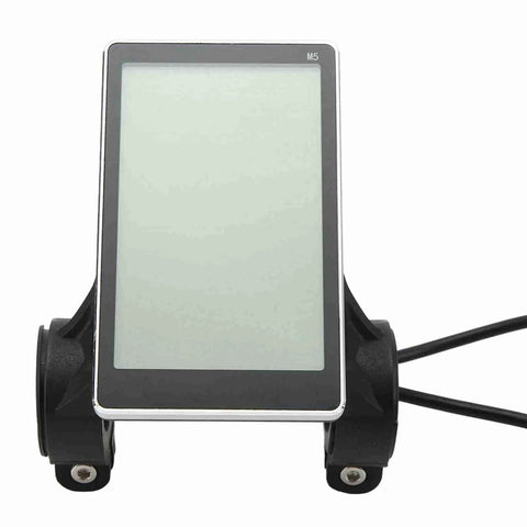 Rugged M5 LCD Display Panel for E Scooter Ebike Speedometer, front view showing 5 pin connector and bracket.