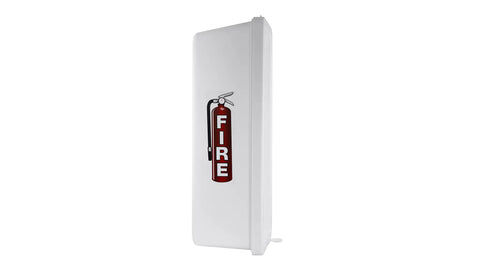 4 Pack White Surface Mounted Fire Extinguisher Cabinet Lock Box With Hammer Attachment Fits 10 Lb Tanks side view showing fire label