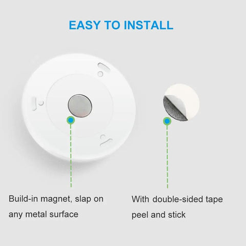 Close-up of installation methods for Upgraded 3.15 Inch Wireless Motion Sensor Light Cordless Battery Powered No Wires Needed Stick On LED Night Light For Closet Stair Hallway Under Cabinet And Kitchen Warm White Pack Of 3, showing magnet and tape options.