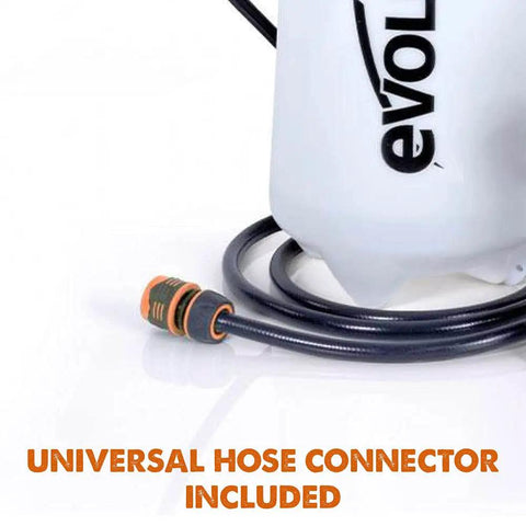 35 Gallon Pressurized Water Tank With Foot Pump And 9 Foot 10 Inch Hose For Dust Suppression On Site Portable White Water Sprayer With Easy Fill Wide Opening And Universal Connector showing hose connector