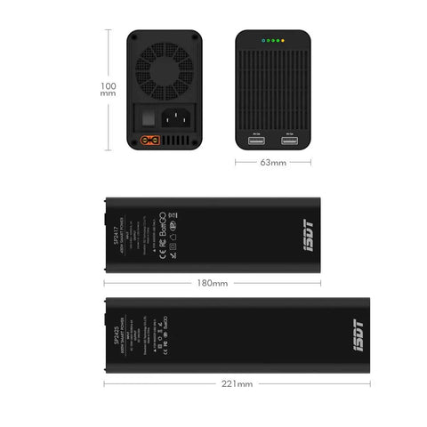 Portable RC Power Station 600W 25A Smart Charger And Balance Charger with size dimensions and USB outputs visible