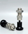 Hella Solid Stainless Steel Plunger Pin For Tool Chest Featuring Self Locking Knob Quick Release Pull Ring Spring Loaded Indexer Lock Fine M8 Precision Thread, showcasing stainless steel and black components.