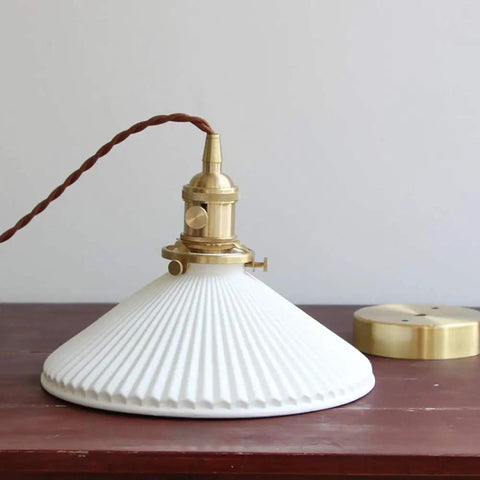 White Ceramic E26 Pendant Light with brass fixture on table, Modern Minimalist Ceiling Lamp, Adjustable Hanging Wire, UL Listed, Easy Install