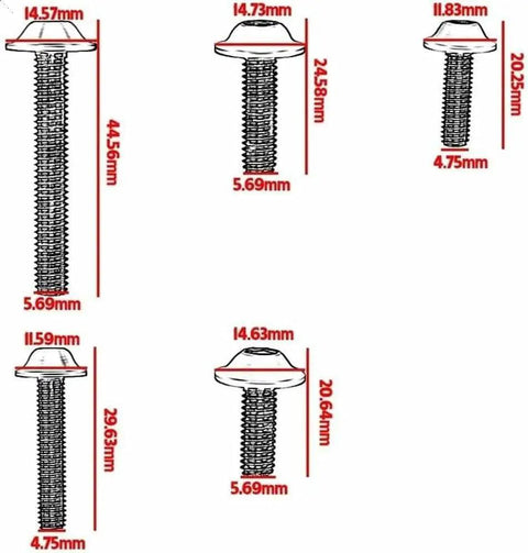 Diagram of screws with measurements for 177Piece Full Fairing Bolts Kit For Bikes Colorful Screws Nuts Washers Clips Steel Fasteners Set.