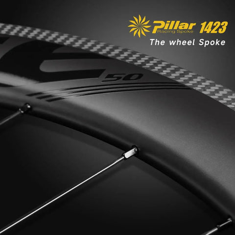 Close-up of Beast Carbon Fiber Road Bike Wheelset with Ceramic Bearings Tubeless Clincher 700C 50mm Deep Rim and Pillar 1423 Spokes