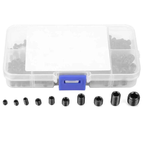 300 Piece Stainless Steel Hex Socket Set Screws Kit M3 To M8 With Storage Box Multipurpose Rust Resistant Fasteners For DIY Repairs In Home Garage And Projects shown in clear plastic box with screws displayed in front.