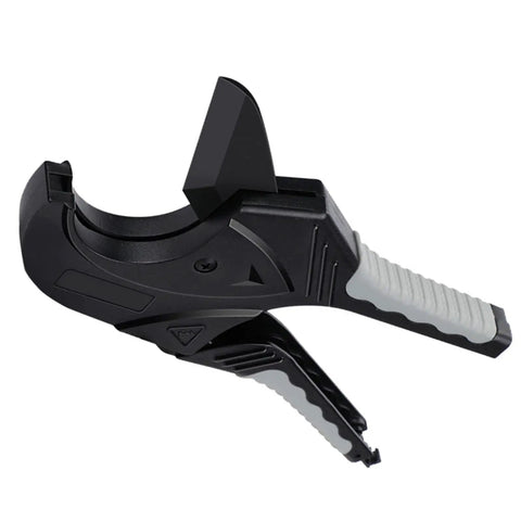 PVC Pipe Cutter 33mm Opening Heavy Duty Handheld Plastic Tube Cutter For PVC And Drainage Pipes Pro Grade DIYers Portable, Precise And Effortless Cutting Tool For Tight Spaces And Burr Free Cuts Every Time shown in black plastic with gray grips.