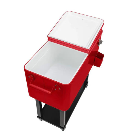 80 Qt Rolling Cooler Ice Chest Cart With Bottle Opener And Bottom Shelf For Backyard Patio Parties, open lid, red color