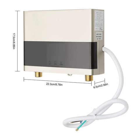 Slick 4000W Tankless Mini Electric Water Heater Featuring Constant Temperature Technology And Convenient Wireless Remote Control Plus Badass Abs Design For Quick Daily Use, compact size with touch panel.
