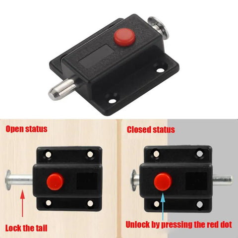 10 Pack Hella Sturdy Automatic Spring Latch Bolt For Cabinets Drawers And Doors Black showing open and closed status with red button.