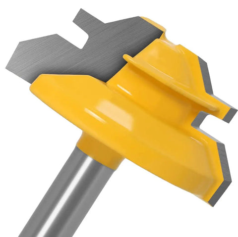 Close-up of Lock Miter Router Bits And Tongue And Groove Set With One Quarter Inch Shank, T-Shape Cutter in yellow and silver