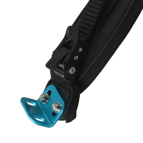 Close-up of Ride Ready Adjustable Aluminum Foot Holder Strap for Electric Skateboards with blue buckle and black strap.