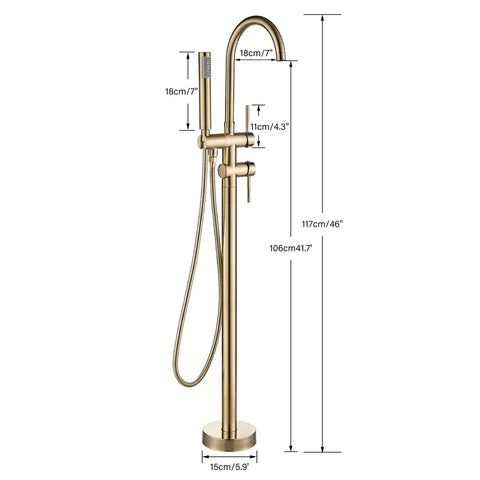 Freestanding Bathtub Faucet Set With Floor Mount Tub Filler, Brushed Nickel Finish, High Flow Shower Faucets, dimensions shown