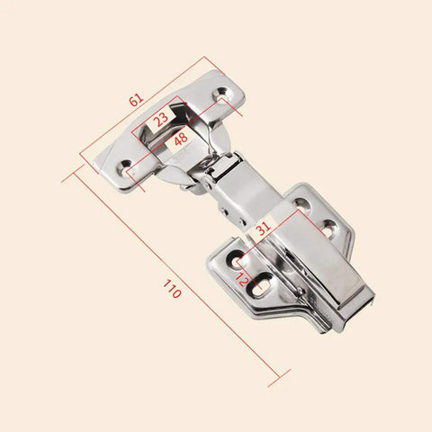 Two Piece 110 Degree Frameless Cabinet Door Concealed Hinges With Soft Close Damper 304 Stainless Steel close-up view with measurements.