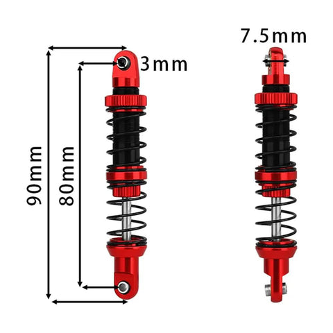 Beef Up Your 1/10 Scale RC Crawler With Threaded Adjustable Shock Absorbers, Oil Dampers And Springs, Easy Preload Tuning, Compatible With Axial SCX10 II III Capra TRX4 D90 Wraith, Red Black 80mm CNC Aluminum Bodies, front and side view with measurements.