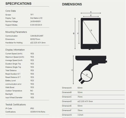 Specifications and dimensions for Replacement TFT Colored Display For Electric Bike Odometer And Speed Meter Built For BBS01 BBS02 BBSHD