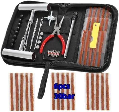 Knuckle Tough Roadside Flat Tire Repair Kit 61 Piece Set With Butyl Rubber Tread Plugs And Heavy Duty Steel Pliers For Cars Trucks And Bikes Plug And Play Quick Fixes On The Asphalt shown with tools and tire plugs in storage case.