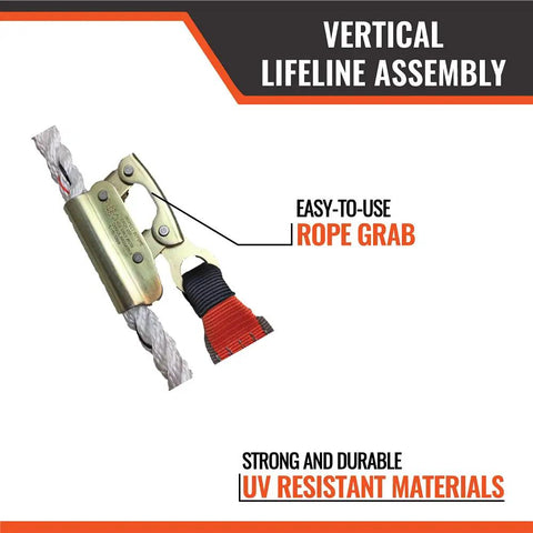 25 ft Vertical Lifeline Assembly for Fall Protection Lanyard and Fall Arrest System with Shock Absorber, rope grab detail