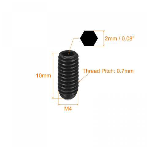 Top Notch Ball Point Set Screws 5 Pcs M4 X 10Mm High Carbon Steel Hex Socket Grub Screws showing dimensions and thread details.