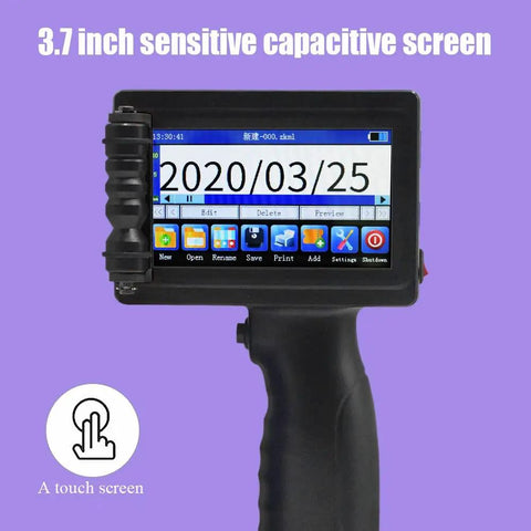 Straight Up Portable Handheld Inkjet Printer With Quick Drying Ink And Smooth Touchscreen For Dead On Date Label Printing showing a 3.7 inch touchscreen.