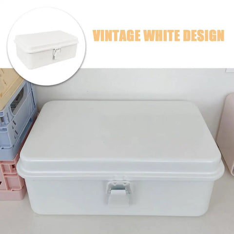 Heavy Duty Vintage White Metal Toolbox Featuring A Tight Snap Shut Locking Latch Tin Storage Case For Everyday Gear And Art Supplies Classic Secure Organizer Trunk on a desk.