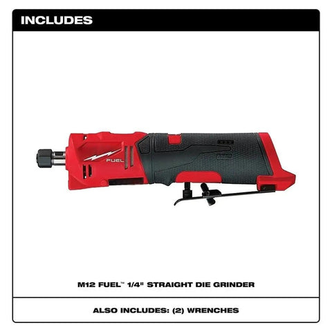 Solid 12V Cordless Straight Die Grinder With 1/4 Inch Chuck And Fast Toggle Switch, red and black design, includes wrenches.