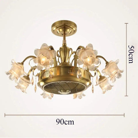 Vintage Retro Ceiling Fan With Crystal Light Fixture And Remote Control For Living Room Dining Bedroom, 90cm, gold, 50cm tall.