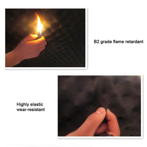 B2 grade flame retardant Hella Thick Acoustic Foam Panels Knock Out Room Echoes with hand holding a lighter.