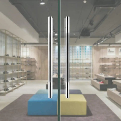 Stainless Steel Glass Door Handle For Indoor And Outdoor Use 80 By 50 Cm Tubular Sliding Door Hardware in showroom setting.