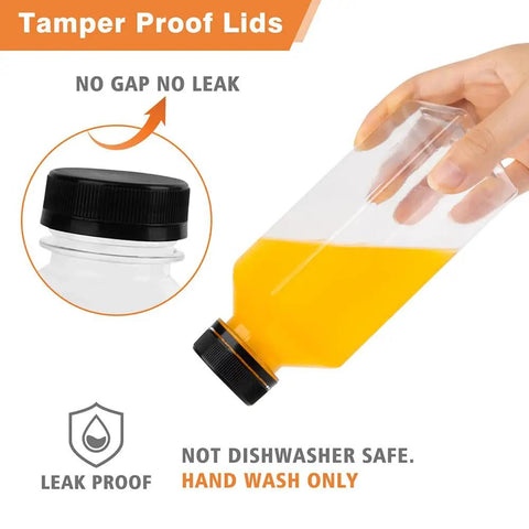 10 Pack 12 Oz Clear Plastic Juice Bottles With Screw Caps Reusable Food Grade Pet Beverage Jars Straight Up Great Vibes Includes Black Lids showcasing tamper-proof lids for leak protection.