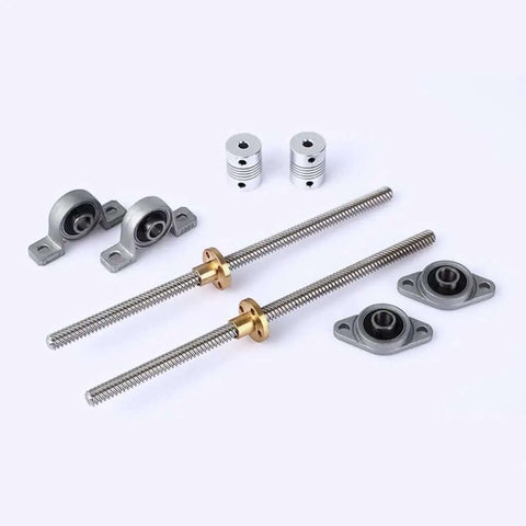 Top Tier T8 Lead Screw Vertical Horizontal Kit For 3D Printers And CNC With Matching Nut Bearing Set In Diverse Lengths From Tiny To Big Rods That Rock Your Build Plates Smoothly. T8 lead screw kit with bearings, nuts, and couplers for 3D printer CNC motion