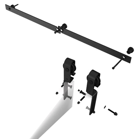 Bi Folding Sliding Barn Door Hardware Kit For Two Doors components, including black J shape rollers and 40 inch track, for modern hallways.