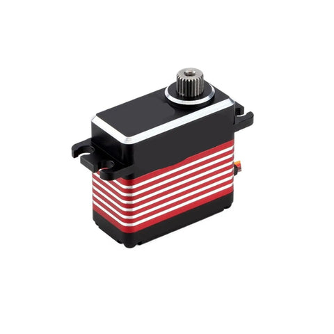 Hella Smooth High Voltage Steering Servo Delivering 75 Kilograms Of Raw Torque In An 88 Gram Compact Body With A Rock Solid Cnc Metal Case Fully Waterproofed For Rc Vehicles Steel Arms, showing black and red metal design.