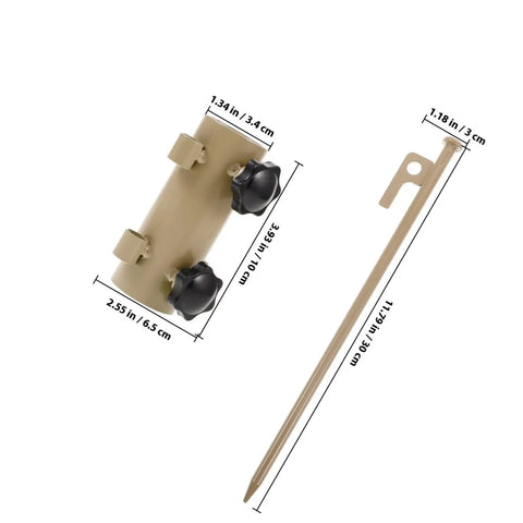 Close-up of Six Piece Adjustable Camping Tarp Poles And Sand Stakes Kit with aluminum tent peg and khaki pole holder