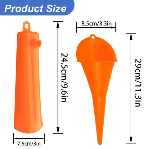 Motorcycle Oil Change Kit With Oil Filter Wrench And Reusable ABS Primary Case Oil Funnel Set dimensions in orange.