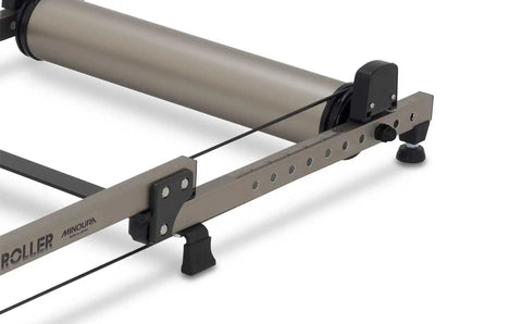 Close-up of adjustable rear roller on G2 Folding Bike Trainer with step guard and alloy rollers for ultra quiet operation.