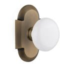 Privacy Door Hardware Set With Cottage Plate And White Porcelain Knob Antique Brass Finish Solid Brass Privacy Knob Pair For Bathrooms