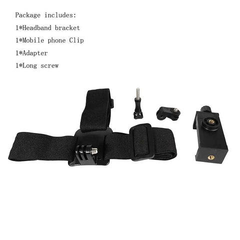First Person POV Head Mount Phone Holder with strap, adapter, and screws for outdoor filming; 4 to 7 inch clip size