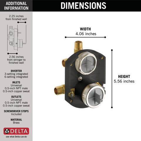 Universal Shower Valve Rough-In Kit With Pressure Balance Monitor, MultiChoice Diverter, Brass, Dimensions 4.06x5.56 inches