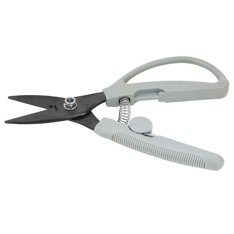 Heavy Duty Sheet Metal Snips And Tin Snips Wire Cutter With Precision Blades And Safety Lock And Non Slip Grip For Busting Through Iron Plates Hella Tough Metal Shears close-up view showing precision blades, spring-loaded handle, and non-slip grip.