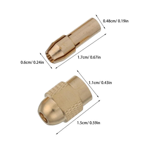 Ultimate 11 Pc Replacement Drill Chuck Collet Set With Copper Nuts Mini Bits High Rotary Tool Parts Heavy Duty 8mm Tail Universal Fit Upgrade featuring two copper collet nuts shown with dimensions.