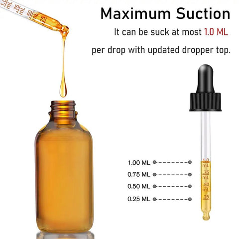 Two Pack Real Deal Amber Glass Dropper Bottles Two Oz With Straightforward Graduated Markings And No Fuss Silicone Caps To Keep Your Favorite Essential Oils Protected From Harsh Sunlight showing measuring dropper and amber bottle.