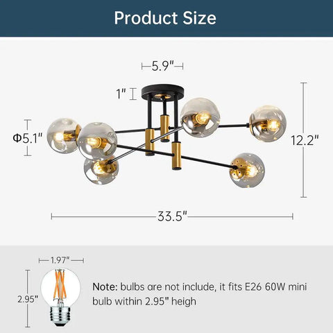 Six Light Sputnik Glass Globe Chandelier In Black And Gold Modern Mid Century Pendant Light Product Size Diagram
