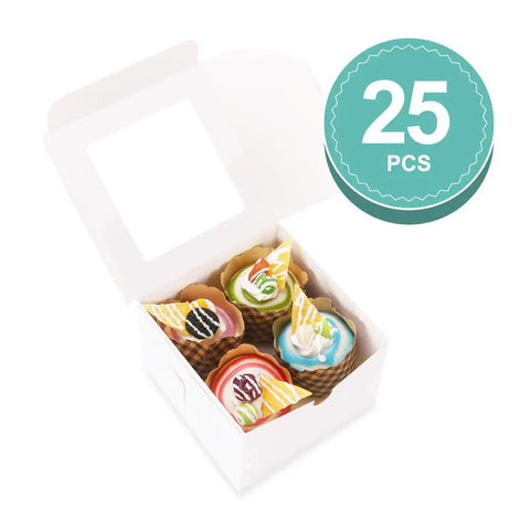 Snag This Fresh Stack Of Twenty Five White Bakery Boxes With Clear Display Window Slick Six By Six By Four Inch Pastry Cases For Small Cakes Cupcakes Donuts And Sweet Treats Packing with colorful cupcakes inside.